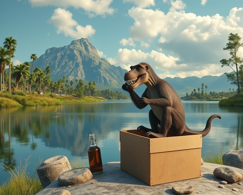 lake, box, dinosaur, monkey, mickey mouse, bottle, anteater